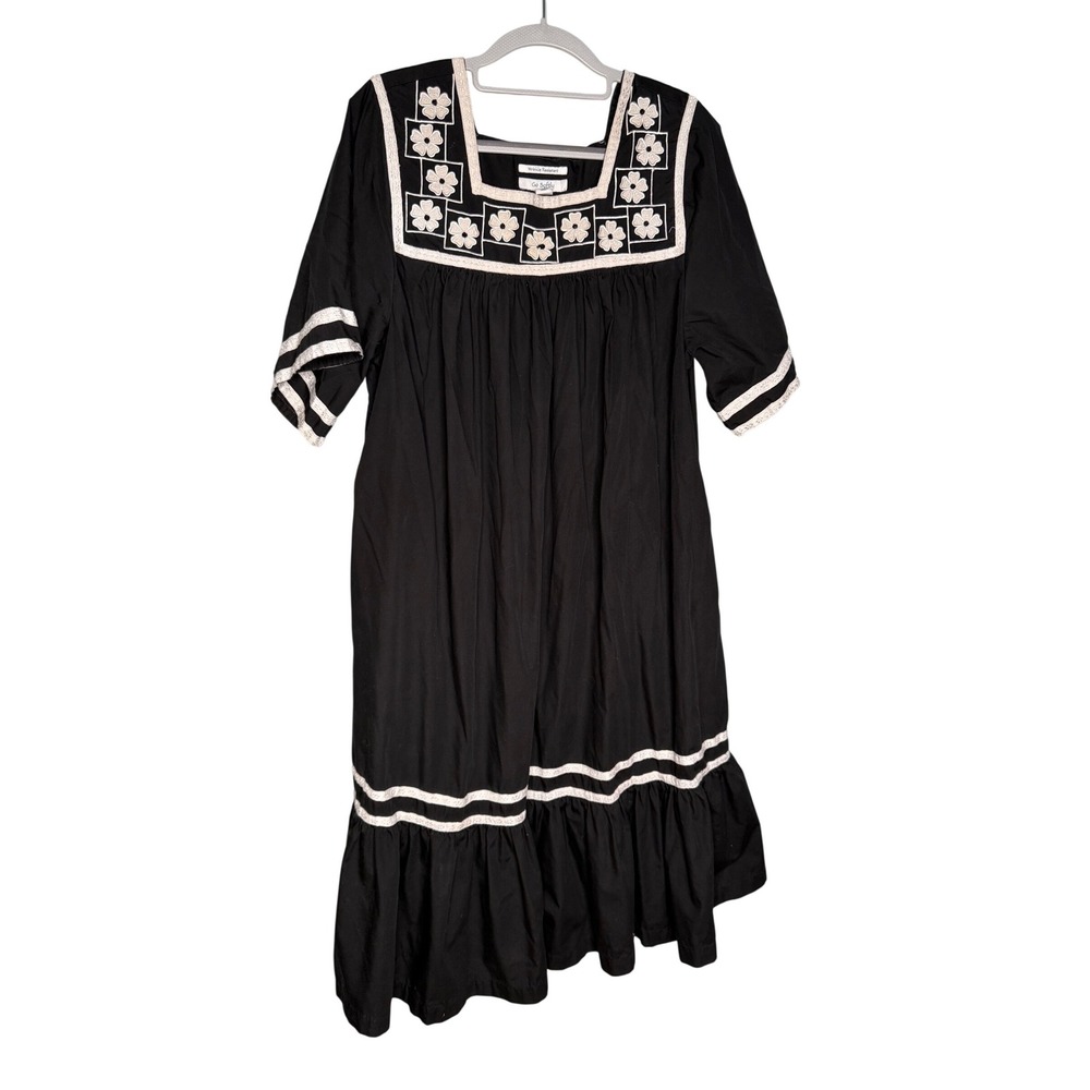 Vintage Go Softly Patio black and white foiral embroidered muumuu dress